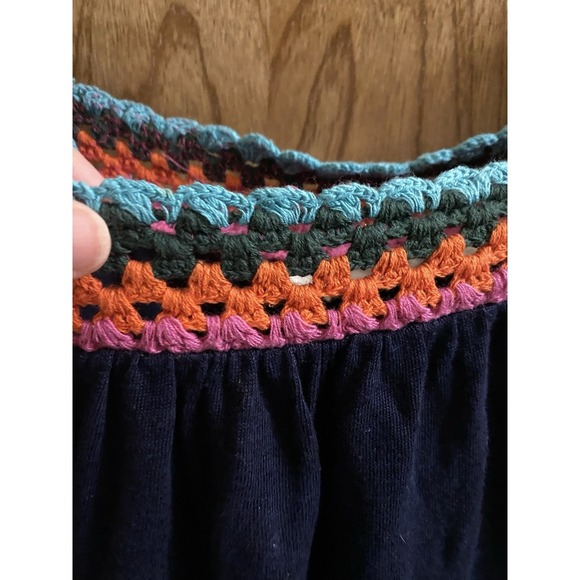 Boden Crochet Multicolor Square Neck Navy Linen Blouse Size 6 Flowy Puff Sleeve - Picture 3 of 14